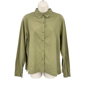 Woolrich Gorpcore Shirt Women Hiking Camping Green Size L Button Stripe Cotton